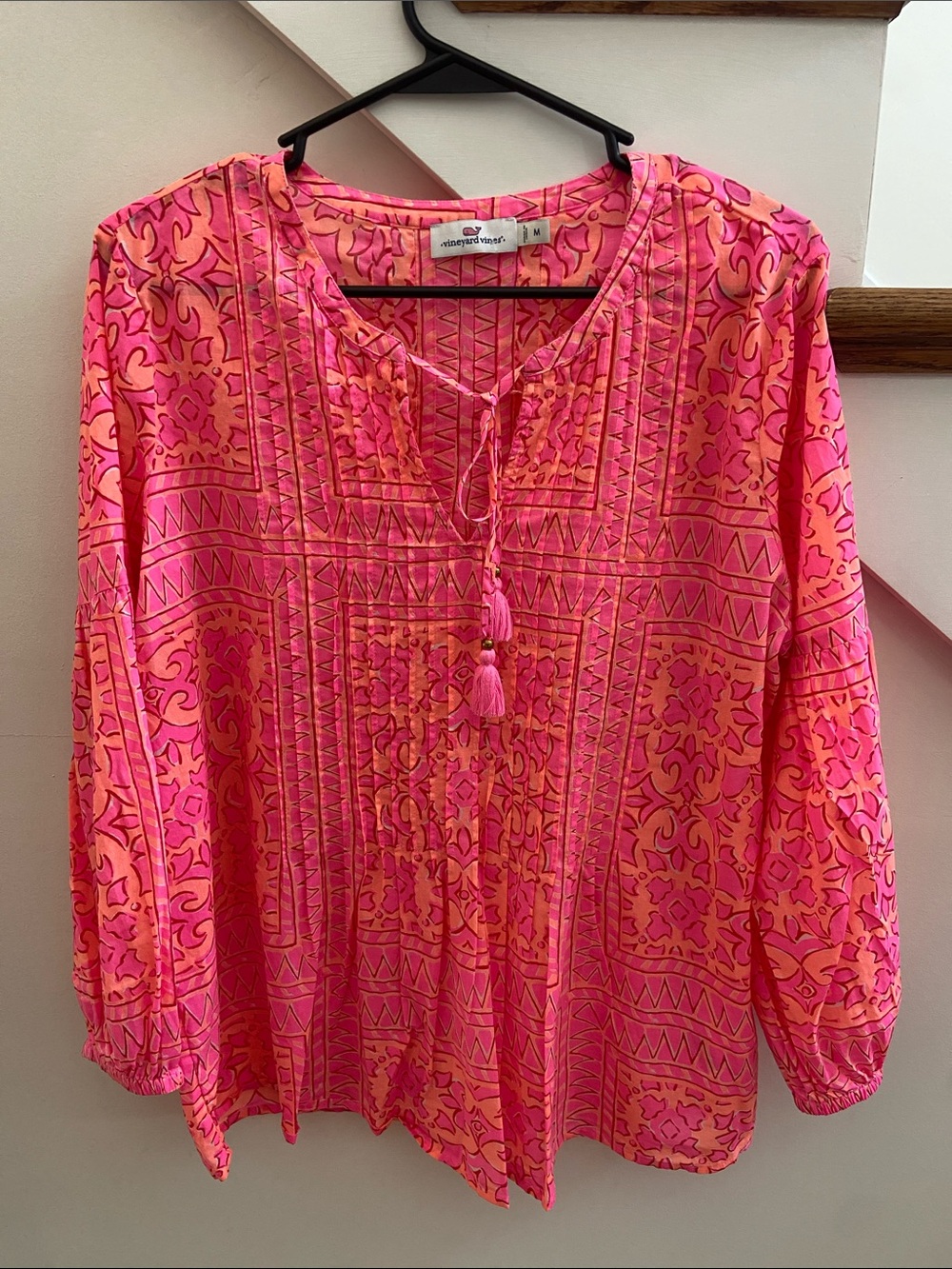 Vineyard Vines Hot Pink & Orange Tassel Peasant Top